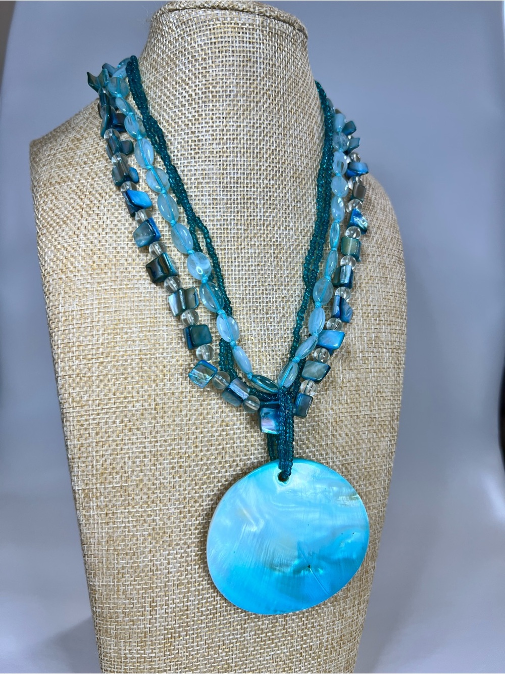 Mother of Pearl Lucite shell beads 3 layer Boho  shell statement summer necklace